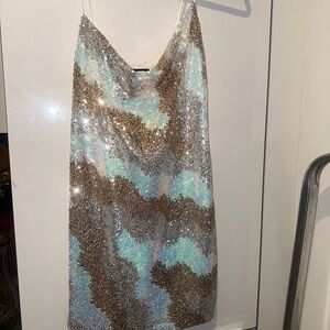 Sequin Slip Dress in Blue and Brown